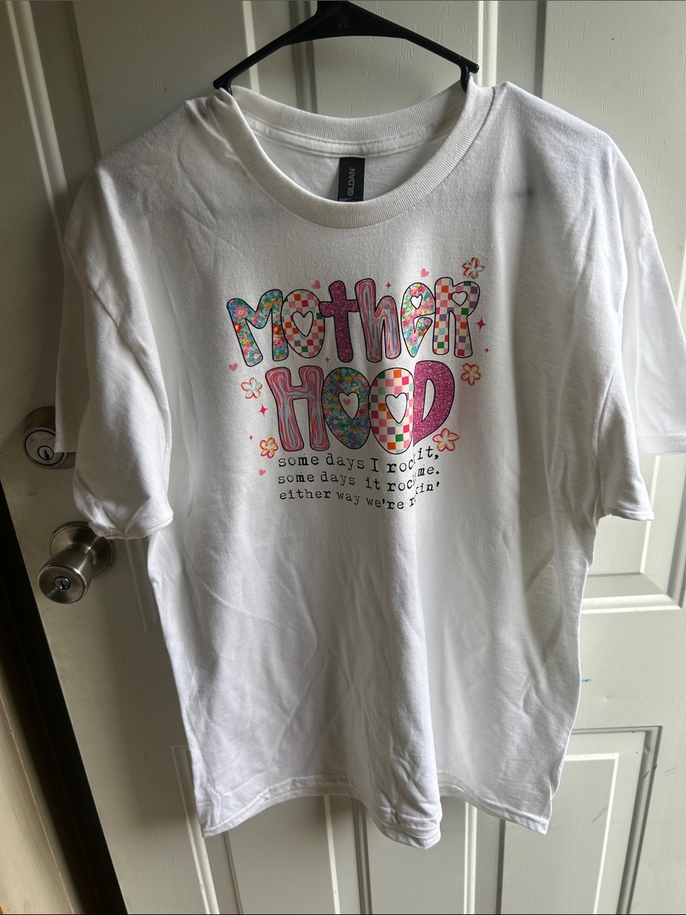 Gildan White Tee with Colorful 'Mother Hood' Graphic